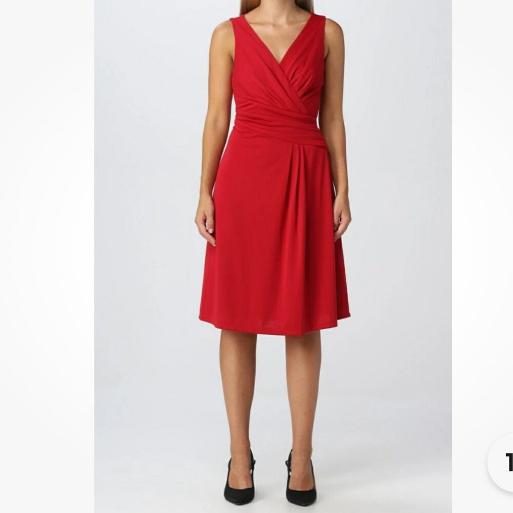 Lauren Ralph Lauren Sheath Dress Faux Wrap Red Sleeveless V-Neck Size 2 Stretchy